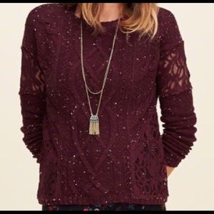 Maroon Lace Panel Cable-Knit Sweater